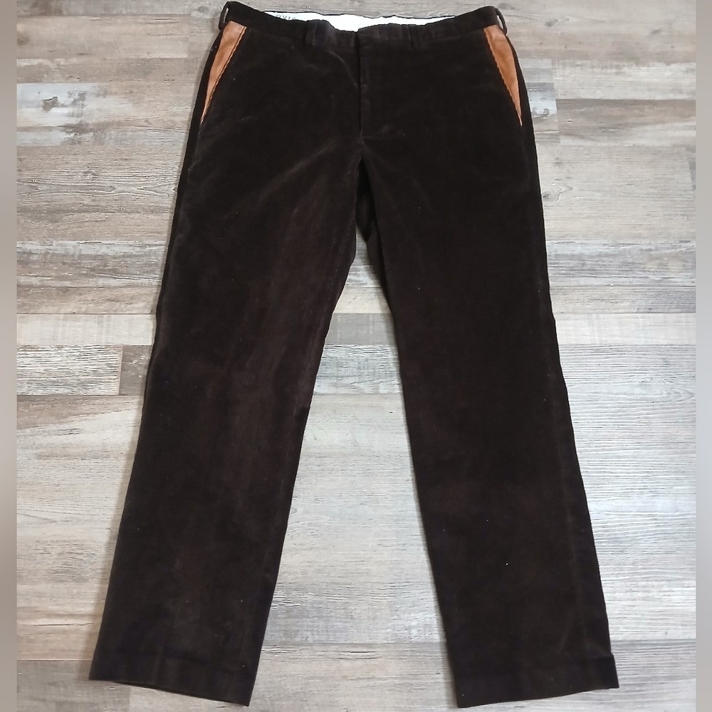 Orvis Corduroy Pants Mens 40 Brown Brisbane Moss Leather Trim Straight Leg